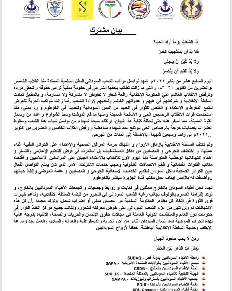 Read more about the article بيان مشترك مع كيانات أطباء السودان في المهجر للتنديد بقمع السلطة الانقلابية